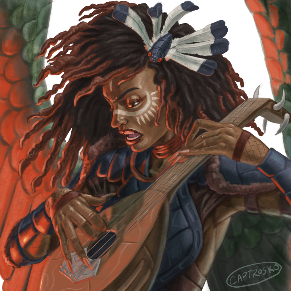 A female harpy singing and playing the lute. 